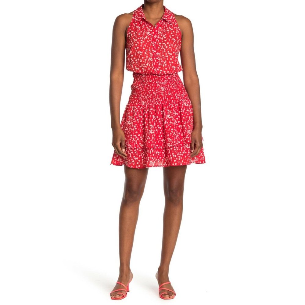 19 COOPER Red Multi Floral Smocked Collar Dress Sleeveless Tiered Womens Large L
